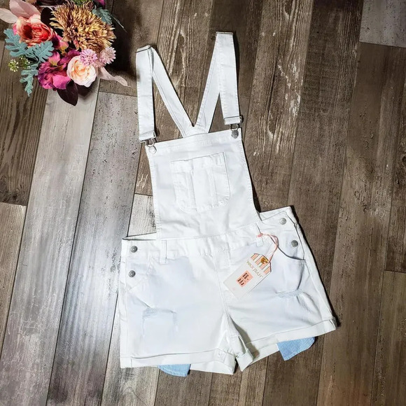 NWT WAX Jeans White Distressed Denim Shortalls Juniors Size Large - Picture 6 of 15